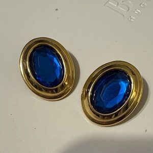 Gold Tone and Blue synthetic Oval clip on Earrings
